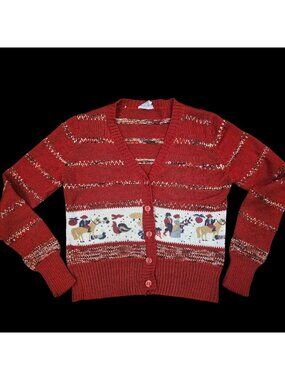 VTG Womens Thin Cardigan Sweater Sz XS Folk Art Red Colonial Scene